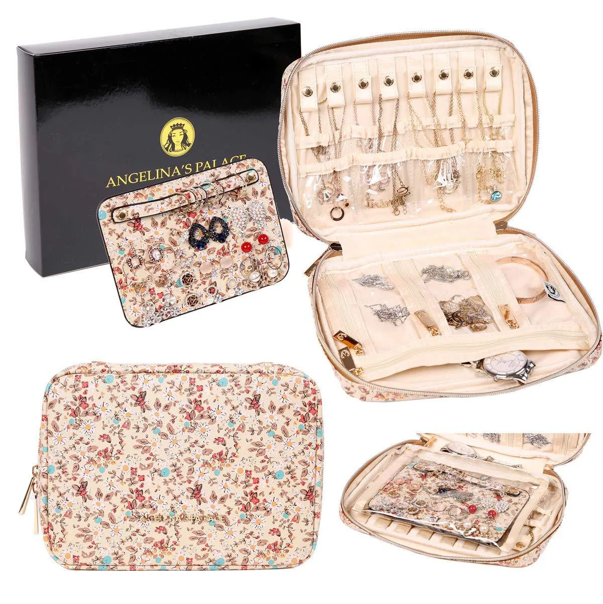 Angelina's Palace Large Jewelry Organizer Case Bridesmaid Gifts Vegan Leather Travel Jewelry Storage Bag for Necklace Earring Bracelet Ring(blossom tan) blossom tan
