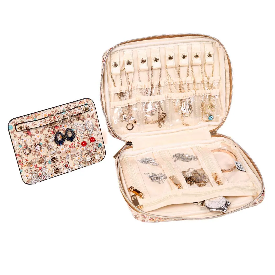 Angelina's Palace Large Jewelry Organizer Case Bridesmaid Gifts Vegan Leather Travel Jewelry Storage Bag for Necklace Earring Bracelet Ring(blossom tan) blossom tan