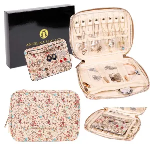 Angelina's Palace Large Jewelry Organizer Case Bridesmaid Gifts Vegan Leather Travel Jewelry Storage Bag for Necklace Earring Bracelet Ring(blossom tan) blossom tan