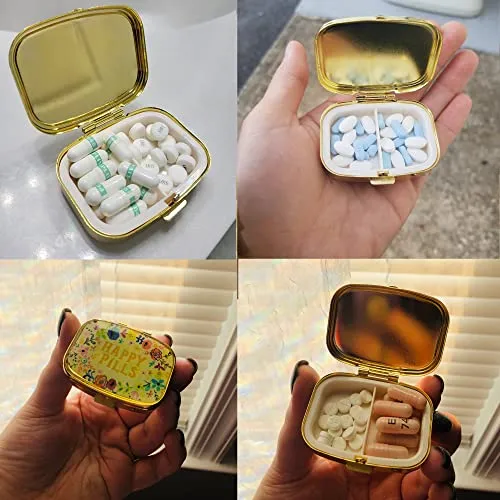 Battery Container for AAA/AA (4 PCS)  Cute Metal Pill Organizer Travel Friendly Compact Pill Box Pill Case to Hold Vitamins/Tylenol/Fish Oil/Meds/Tablet for Purse/Pocket(Happy Pills)