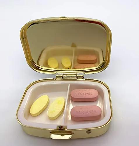 Battery Container for AAA/AA (4 PCS)  Cute Metal Pill Organizer Travel Friendly Compact Pill Box Pill Case to Hold Vitamins/Tylenol/Fish Oil/Meds/Tablet for Purse/Pocket(Happy Pills)