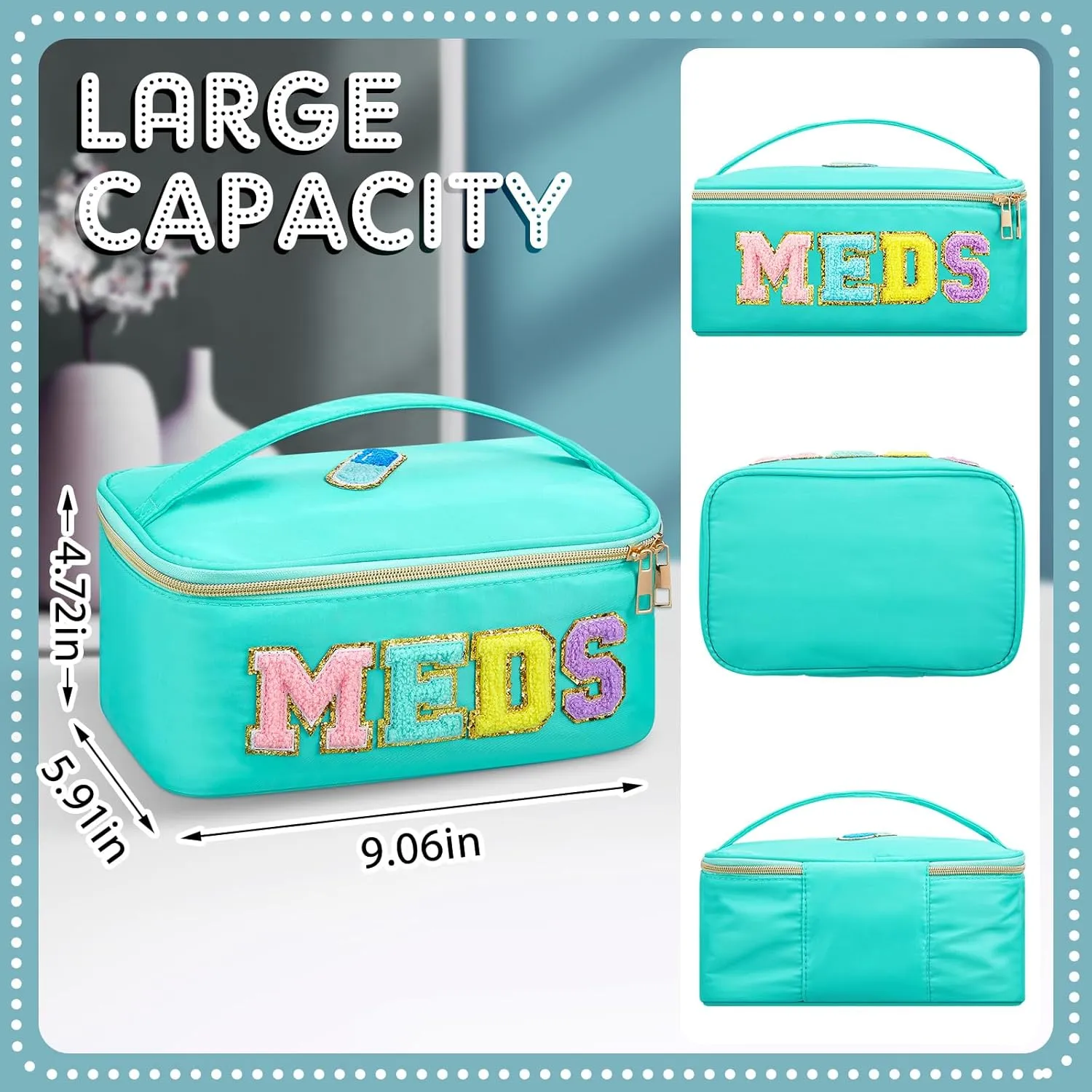 Geetery Chenille Letter Bag Nylon Meds Makeup Cases Preppy Patch with Zipper, Portable Cosmetic Toiletry Storage Bag for Women(Green)