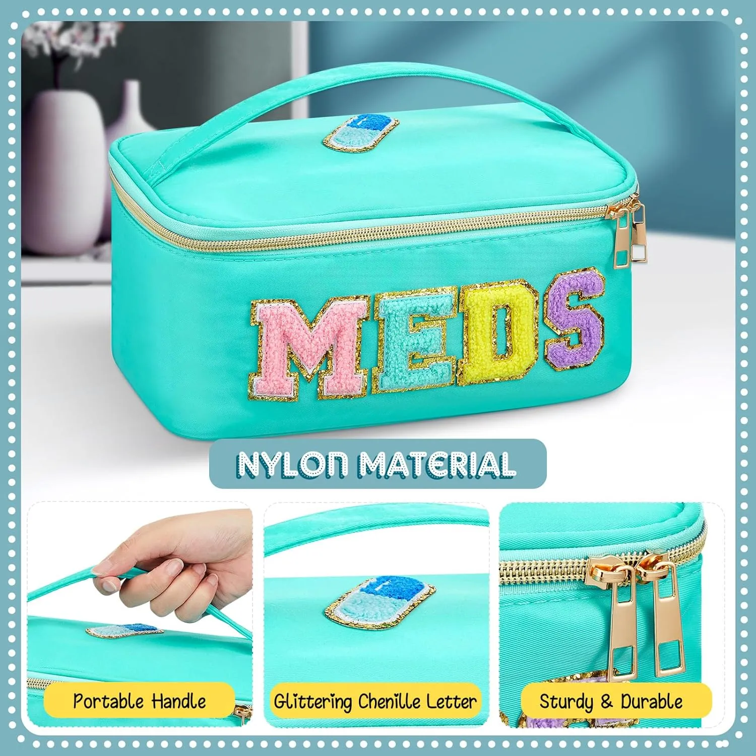 Geetery Chenille Letter Bag Nylon Meds Makeup Cases Preppy Patch with Zipper, Portable Cosmetic Toiletry Storage Bag for Women(Green)