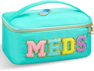 Geetery Chenille Letter Bag Nylon Meds Makeup Cases Preppy Patch with Zipper, Portable Cosmetic Toiletry Storage Bag for Women(Green)