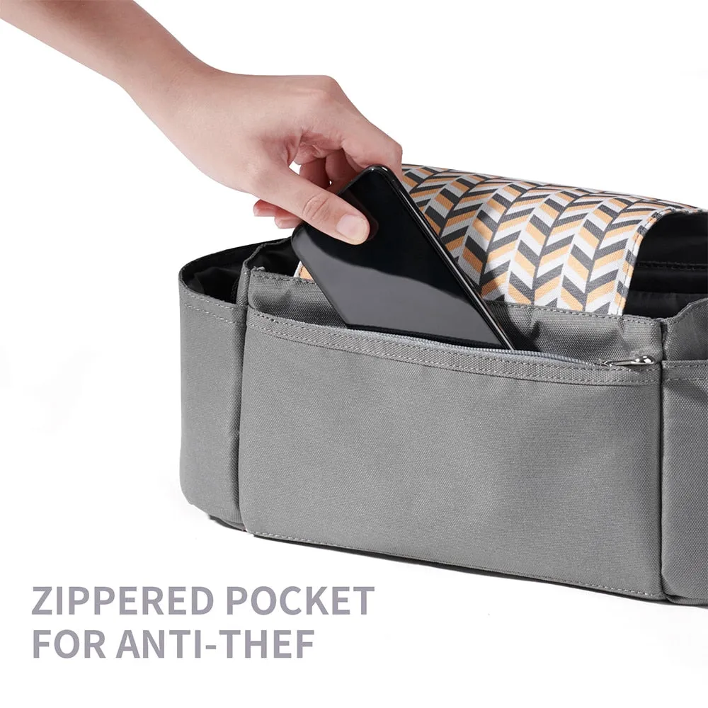 High Capacity Stroller Organizer:Universal Baby Stroller Organizer effectively helps you to reduce clutter from handheld items.