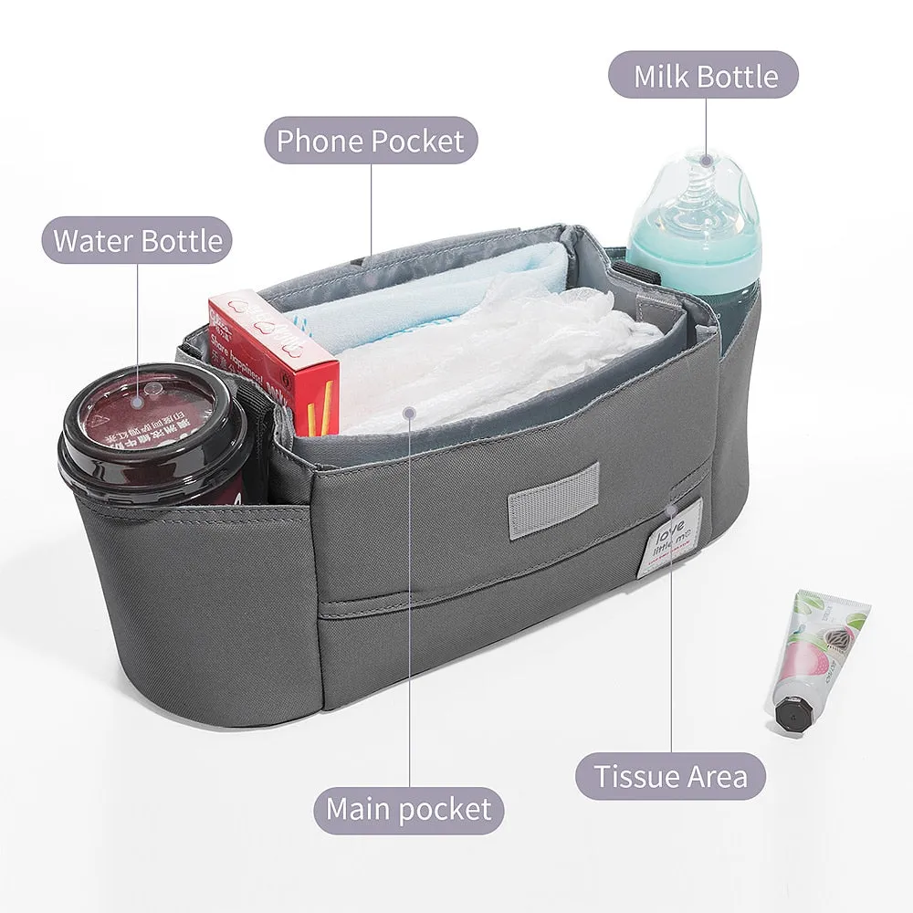 High Capacity Stroller Organizer:Universal Baby Stroller Organizer effectively helps you to reduce clutter from handheld items.