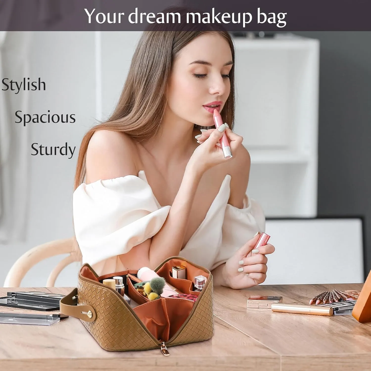 Large Capacity Travel Cosmetic Bag - Portable Makeup Bags for Women Waterproof PU Leather Checkered Makeup Organizer Bag with Dividers and Handle,Toiletry Bag for Cosmetics