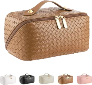 Large Capacity Travel Cosmetic Bag - Portable Makeup Bags for Women Waterproof PU Leather Checkered Makeup Organizer Bag with Dividers and Handle,Toiletry Bag for Cosmetics