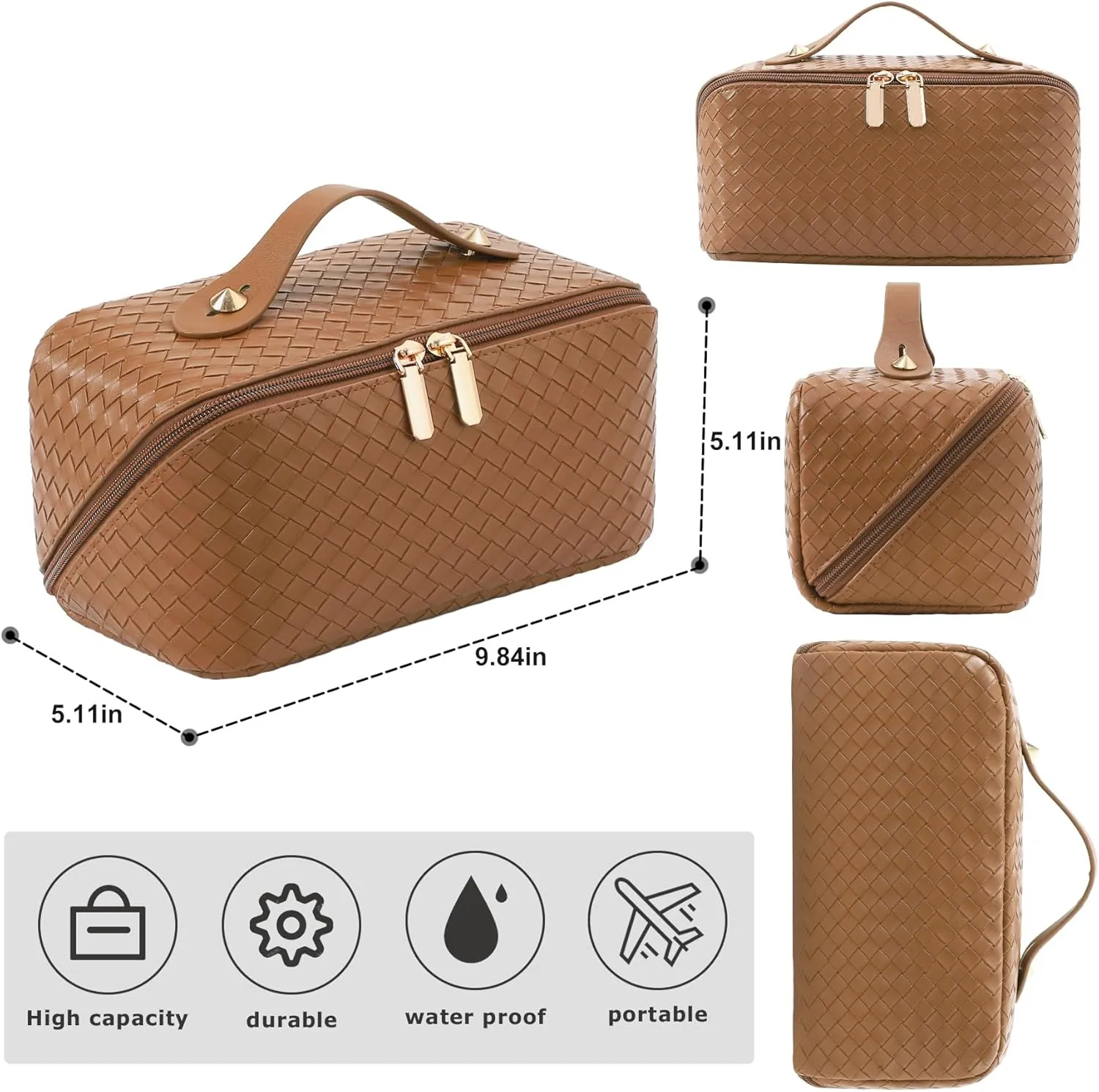 Large Capacity Travel Cosmetic Bag - Portable Makeup Bags for Women Waterproof PU Leather Checkered Makeup Organizer Bag with Dividers and Handle,Toiletry Bag for Cosmetics