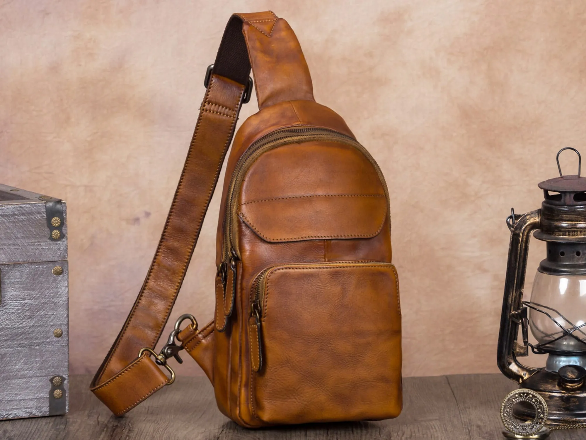 Leather Sling Bag Crossbody Purse Handmade Hiking Daypack Retro Shoulder Backpack Vintage Chest Bags