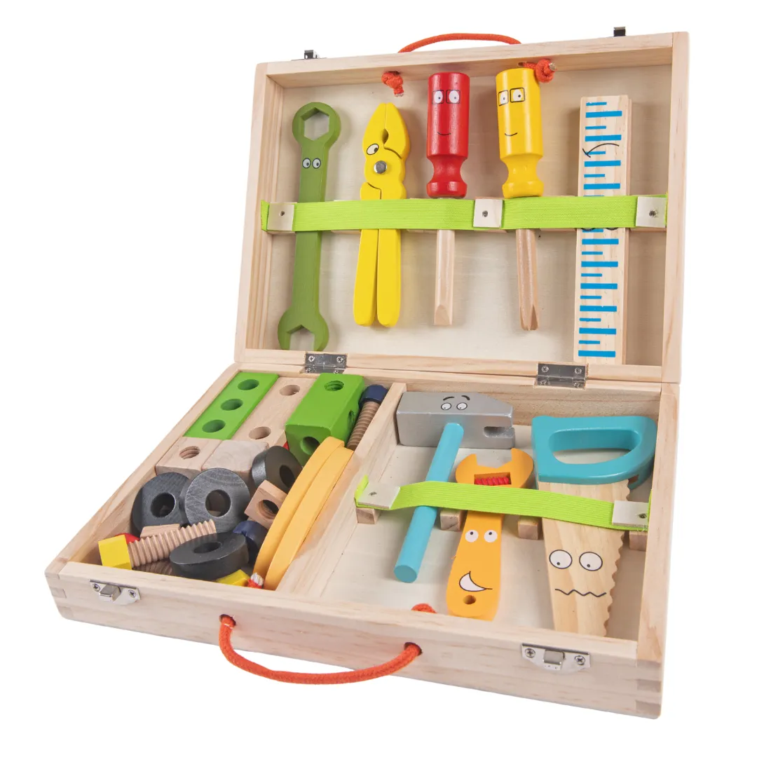 NESTA TOYS - Wooden Tool Kit Set with Tool Box | Pretend Play Portable Construction Tools Kit Toys for Kids | 36 Piece